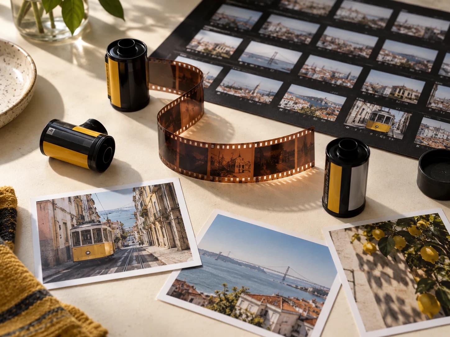 Rolos de filme, negativos e fotografias reveladas