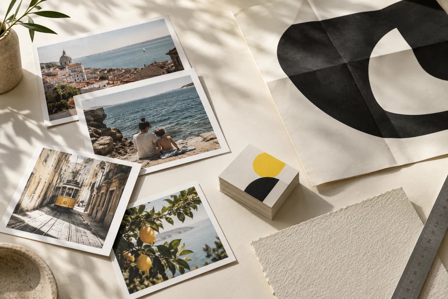 Fotografias e materiais impressos sobre uma mesa de trabalho